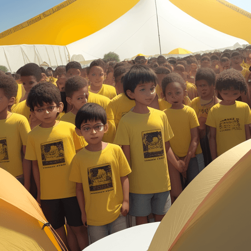 AI generated: a lot of children in yellow T-shirts on the background of a white tent