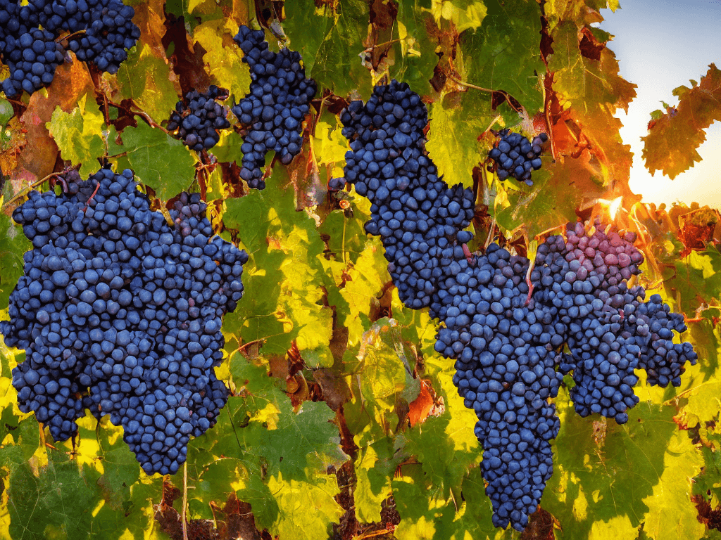 AI generated: close up one big bunches of grapes are hanging from a vine in a vineyard at sunset grape field with ...