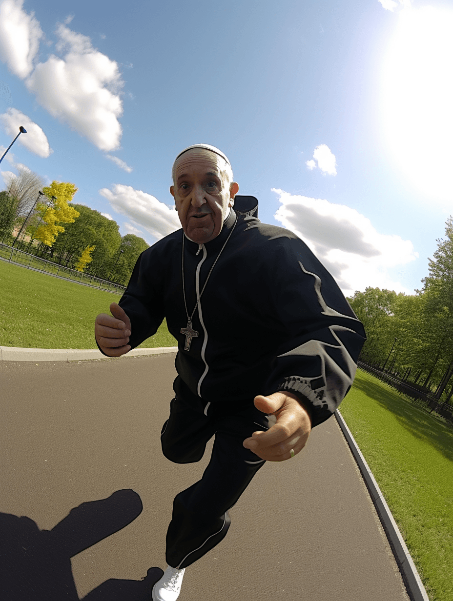 AI generated: pope francis wearing a black track suit, running on the park, POV, camera chase, real human, uhd --a...