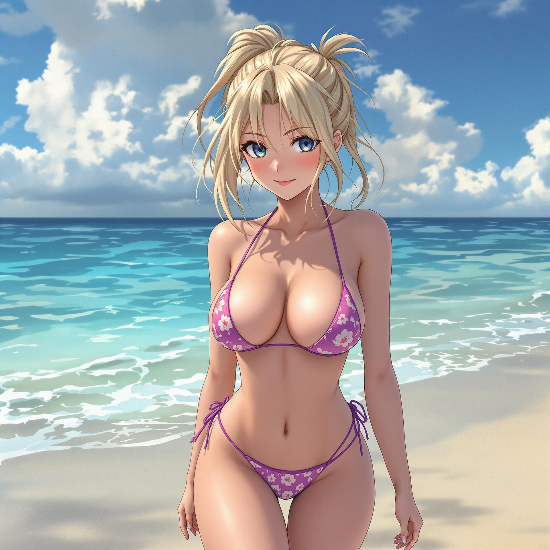 AI generated: Anime girl, in a beach, wearing a bikini, medium chest, blond hair, tied up, medium length hair