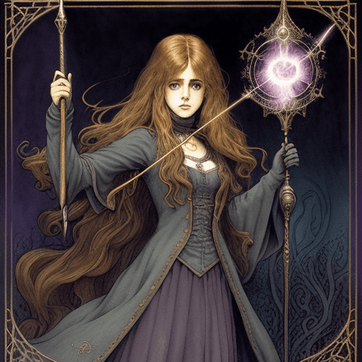 AI generated: Hermione from Harry Potter, confident spellcasting stance with wand releasing magic behind, rich col...