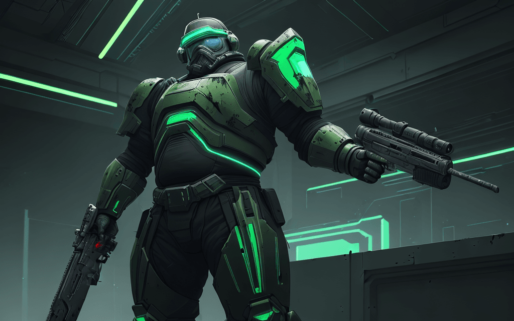 AI generated: fat old man warrior stands and holding a  Pulse Rifle in his hands, after the battle, (video game) ,...