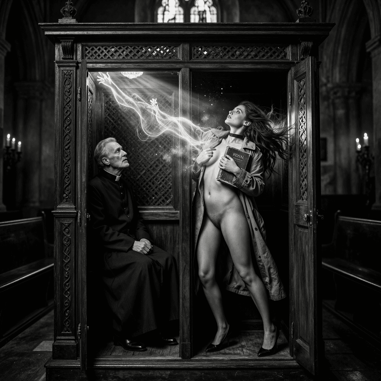 AI generated: hyperrealistic fine art black-and-white film photograph in the style of Helmut Newton, shot on a Lei...