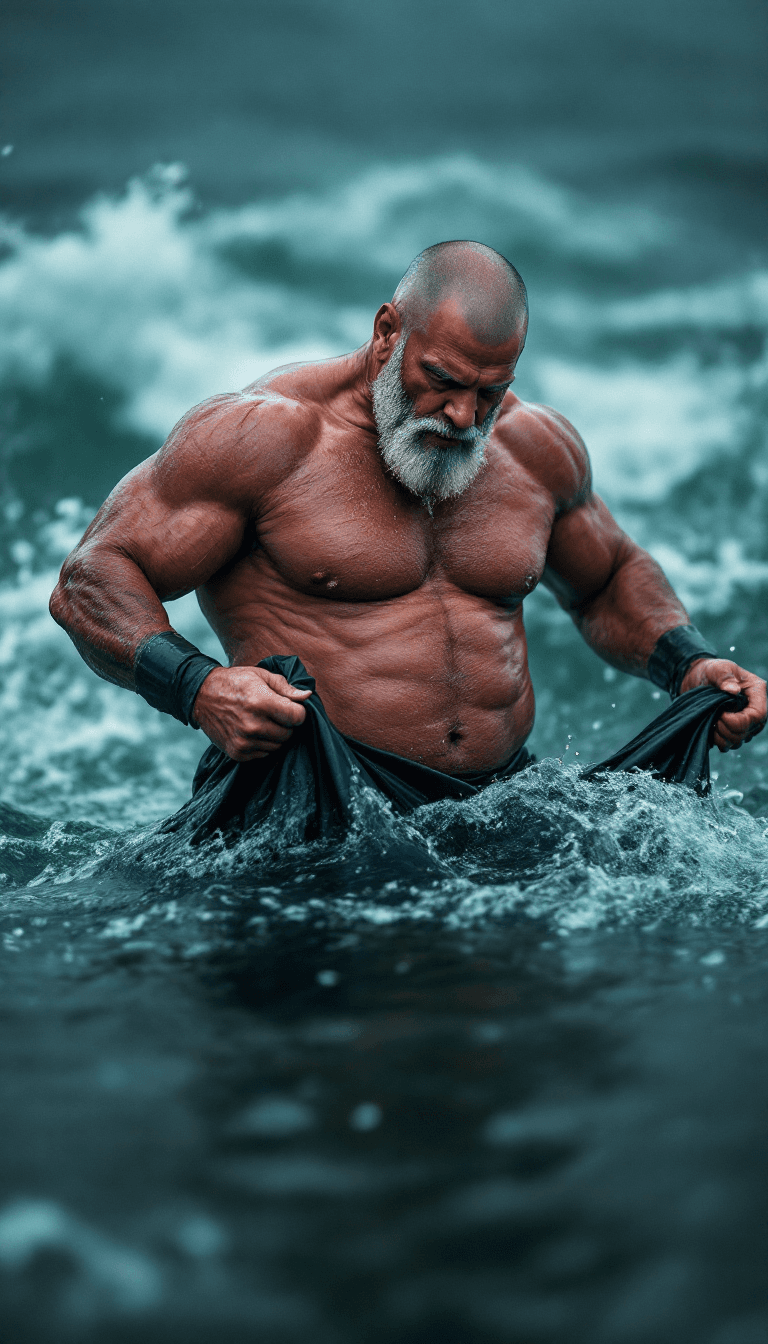AI generated: raw photo, tearing away his wetsuit, wide shot, 8KUHD Very HIGH-RESOLUTION HDR Very Extremely Realis...