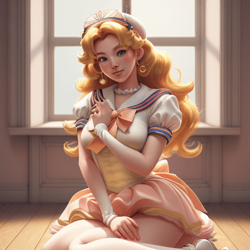 AI generated: sailor girl sitting on the floor in a room with a window, portrait of princess peach, princess peach...