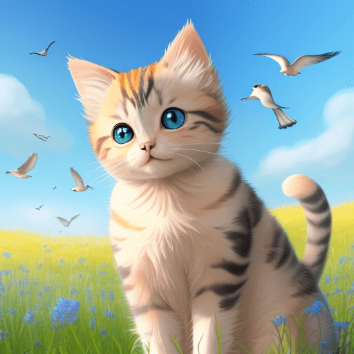 AI generated: beautiful cat, cute, with beautiful eyes, fluffy, nature, meadow, blue sky, sunny day, birds are fly...