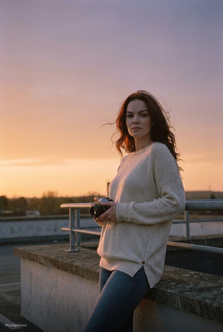 AI generated: Swap face of uploaded image. Negative film aesthetic, rooftop summer scene, soft natural sunlight, s...