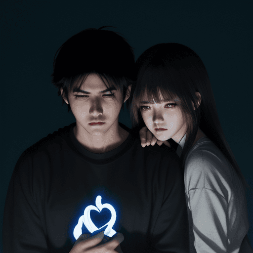 AI generated: Generates an anime style representation: a woman and a man hold a broken heart amidst a dark and bri...