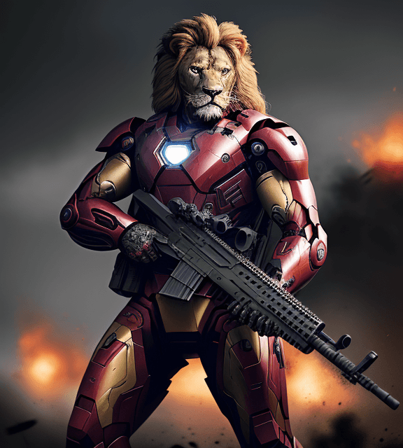 AI generated: Battle-scarred angry iron man lion army wearing black ops uniform, holding carbine rifle, anthropomo...