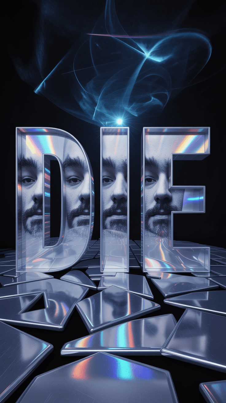 AI generated: A poster design,psychedelic holographic peaces forming an evil puzzle on the ground ,typography tatt...