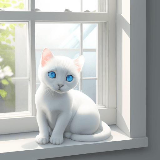 AI generated: A little white cat, lightblue eyes, in the window, softly, cute, sunnyday, happy, 