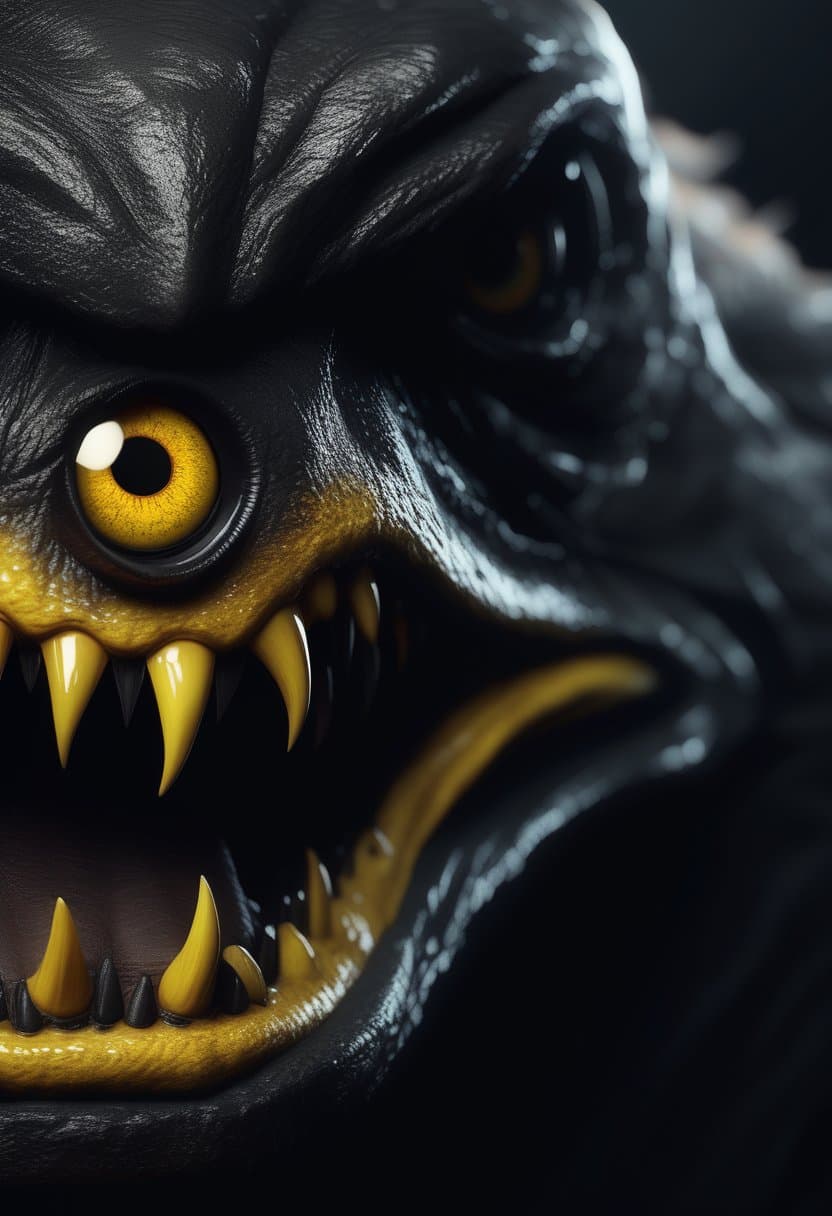 AI generated: Scary creature, flat snout, yellow eyes, horror, dark and haunting, hyperrealism, ultra-detailed, 8k