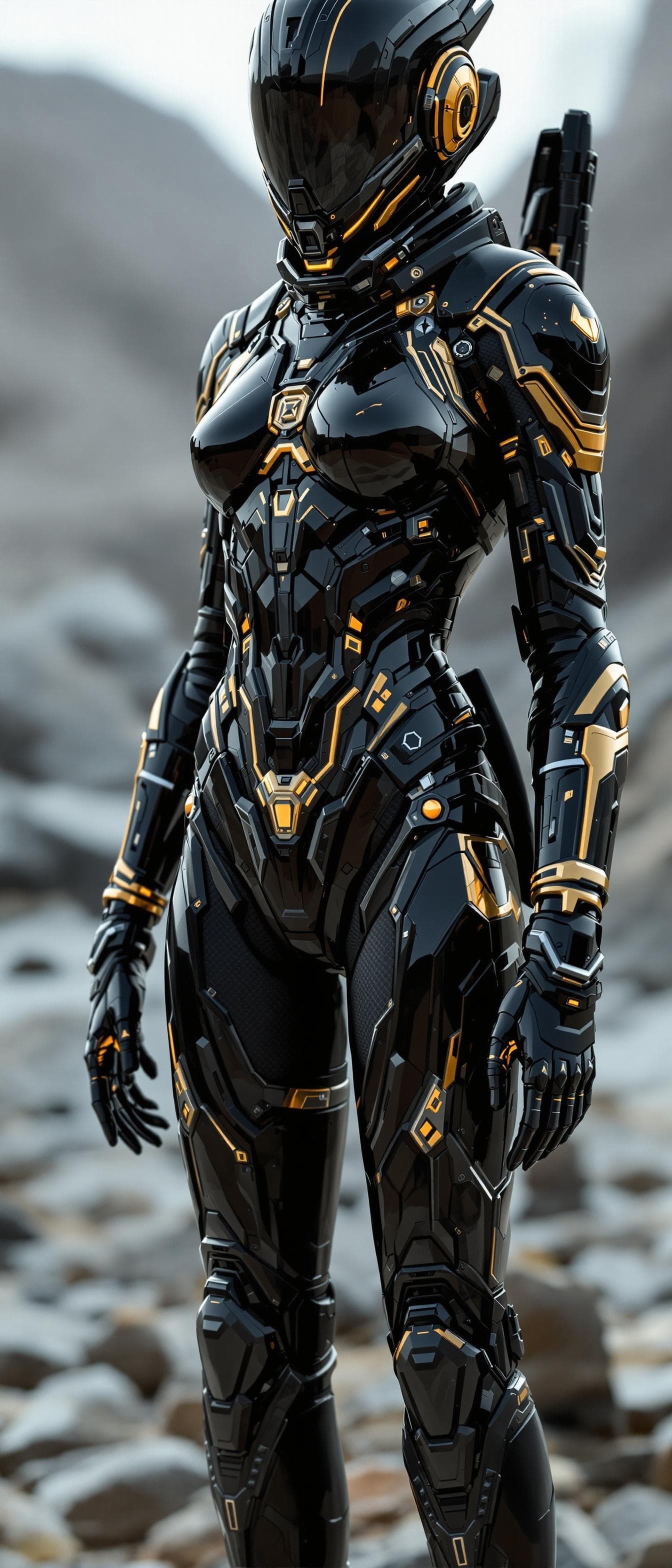 AI generated: black sci-fi female armor with gold details, with cybernetic hud helmet, full armor, insulated armor...