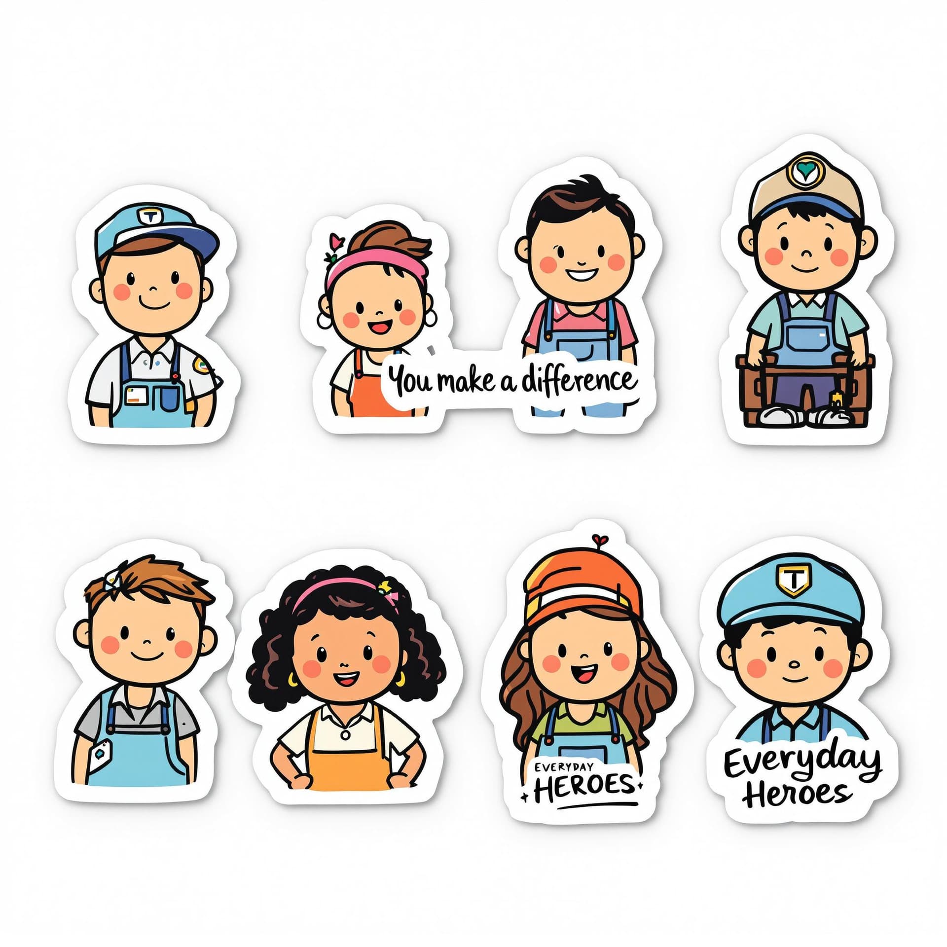 AI generated: "Sticker design featuring cute, vibrant cartoon characters from different professions, each with a m...