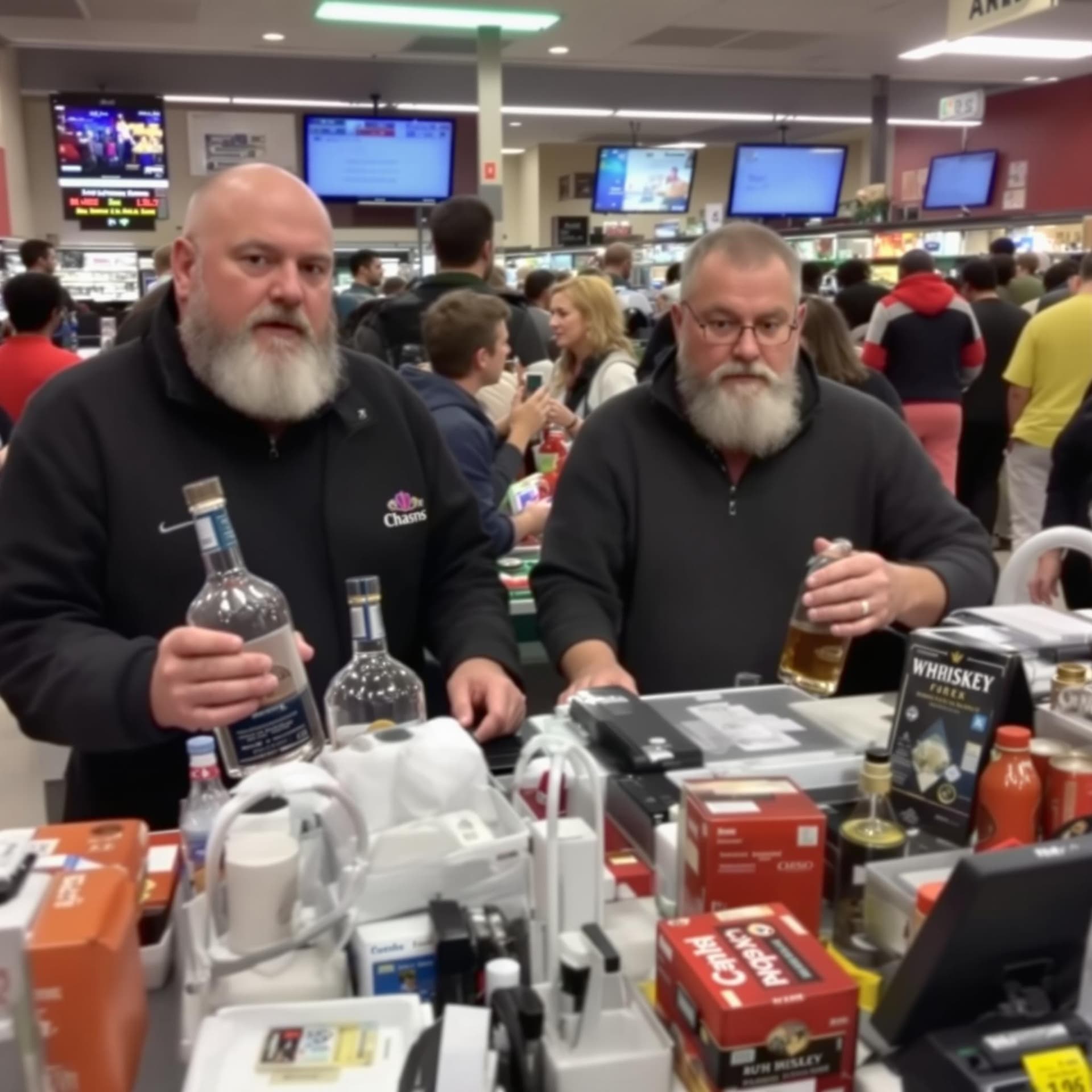 AI generated: In the photo, we see two alcoholic men with vodka and whiskey on the cash register, looking at the c...