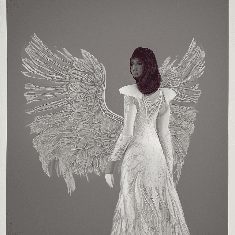 AI generated: A beautiful Angel, intricately designed gown that cascades down to the ground. The most striking fea...