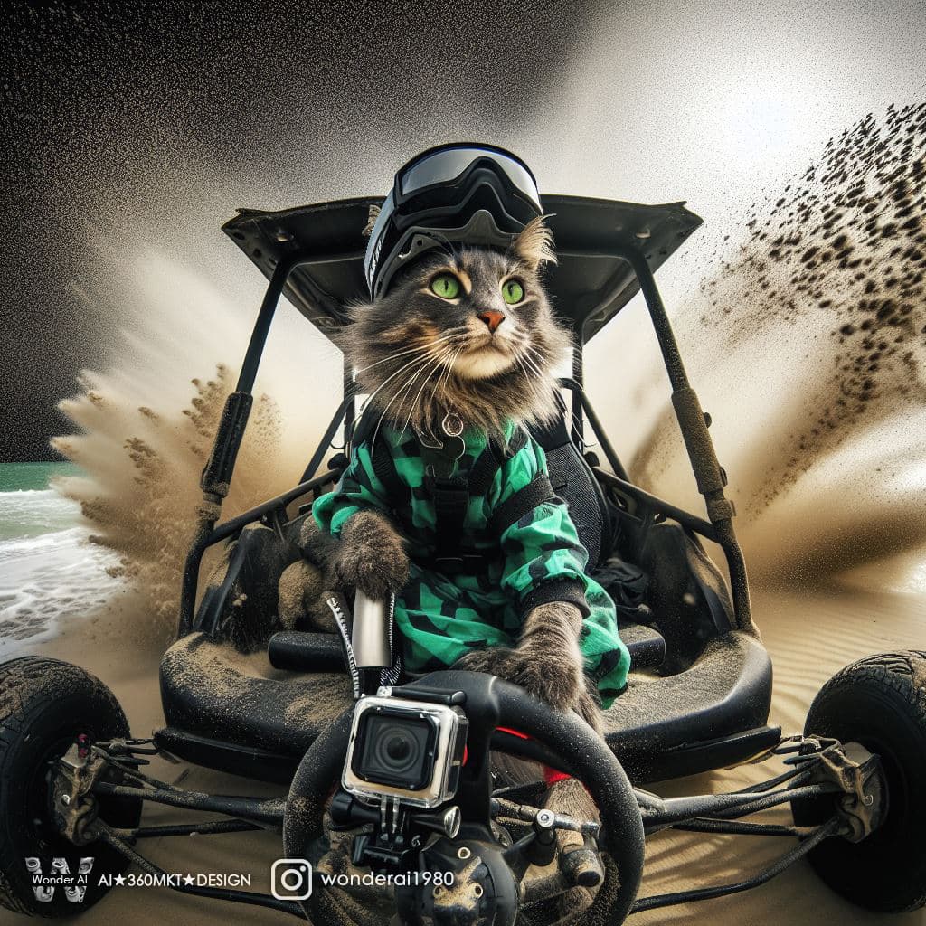 AI generated: Extreme sports, GoPro filming, a real cat dressed in beach vacation attiresitting on a beach buggy, ...