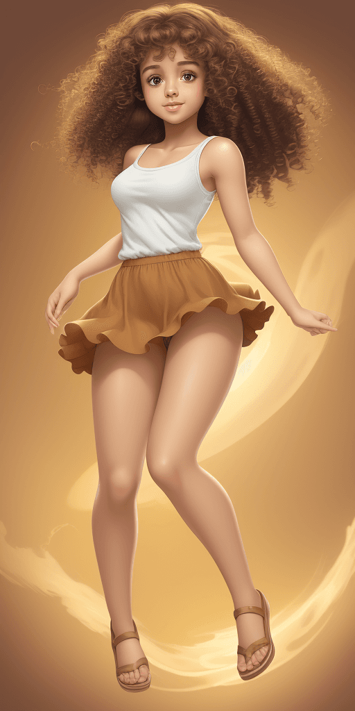 AI generated: full body, High resolution cartoon, dreamy, girl with light brown skin, almond shaped brown eyes, he...