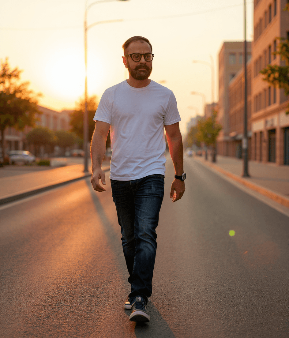AI generated: man in the attachment, wearing jeans and a white casual half sleeve shirt, walking on a quiet city s...