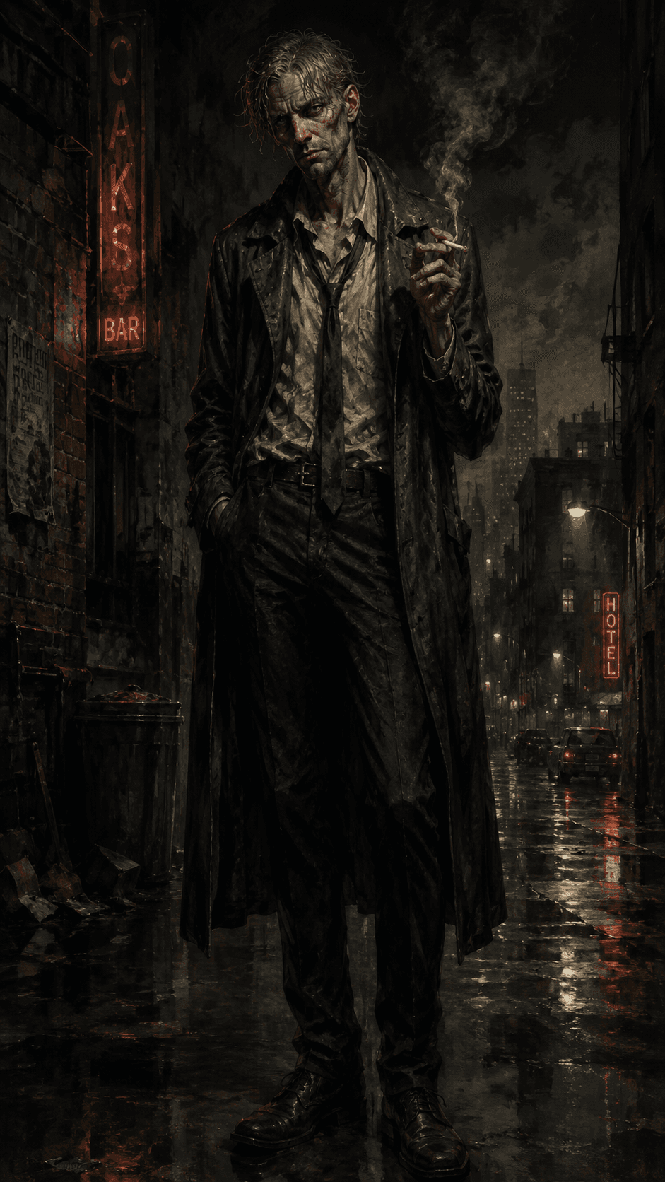 AI generated: Tall gaunt occult detective standing alone in a rain-soaked urban alley at night, full-body portrait...