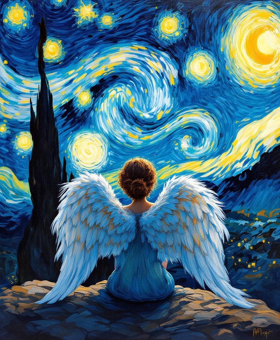 AI generated: Prompt Share: A beautiful angel with wings sitting under a night sky inspired by Vincent Van Gogh’s ...
