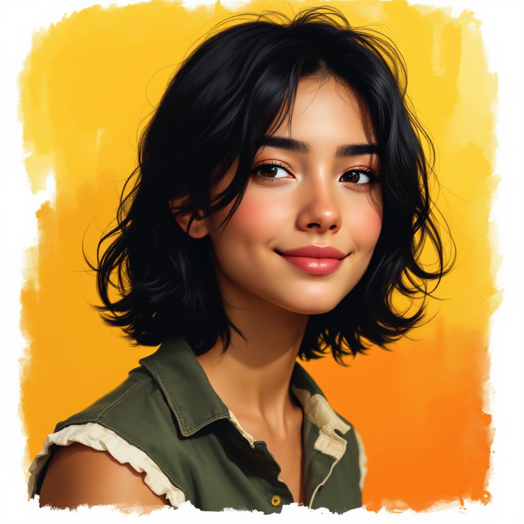 AI generated: 

"Create a portrait of a young person with medium-length, slightly wavy black hair, styled casually...