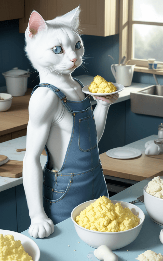 AI generated: Anthropomorphic cute white cat dressed in blue denim overalls, eating scrambled eggs at the table, i...