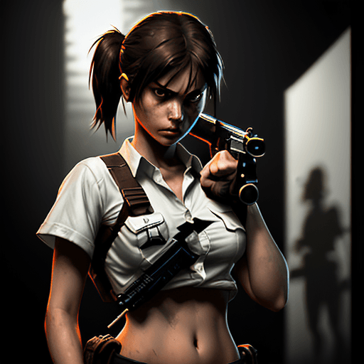 AI generated: a girl with white shirt and gun, in the style of comic book-style art, rendered in maya, junglecore,...