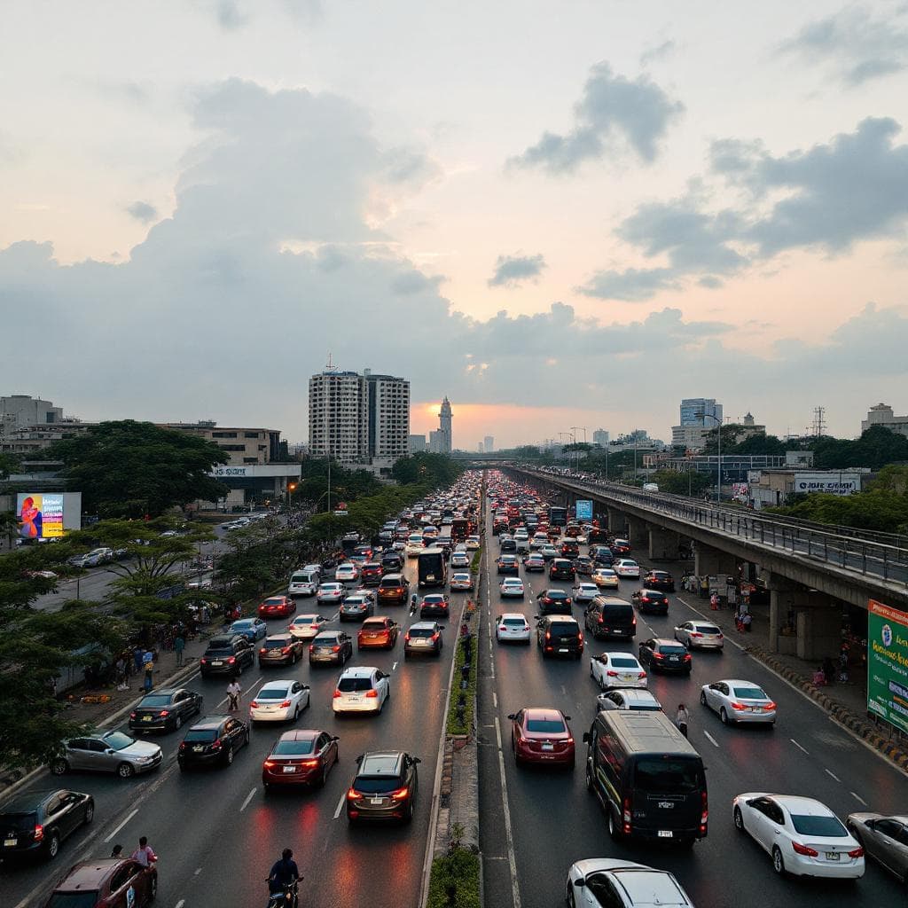 AI generated: Picture of traffic in Abuja, Nigeria at dawn