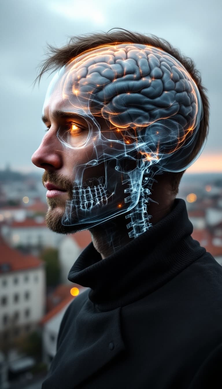 AI generated: Moravian man with translucent skull, so you can see his brain, Brno 2050 urban cityscape in the back...