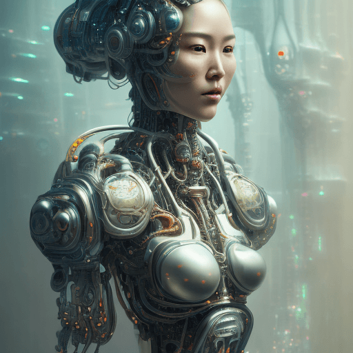 AI generated: a woman, upper body, pretty human face ASIAN, (biomechanical :1) , inflateble shapes, wearing epic b...