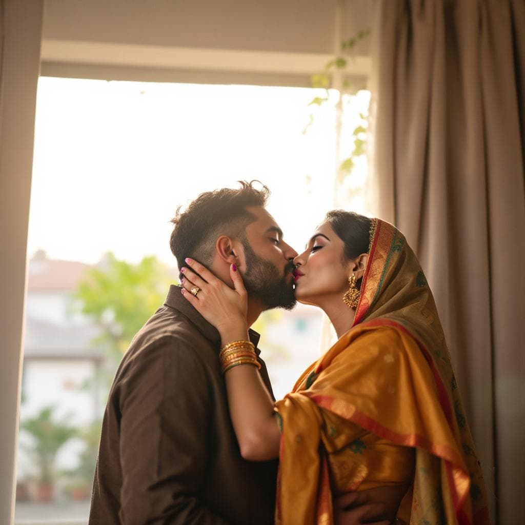 AI generated: Hot Indian wife kissing husband friend with husband 