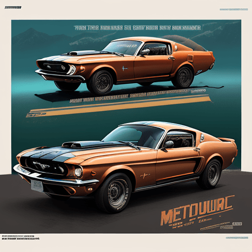 AI generated: highly detailed infographic of retrofuturism old-mustang style cars found in popular mechanics magaz...