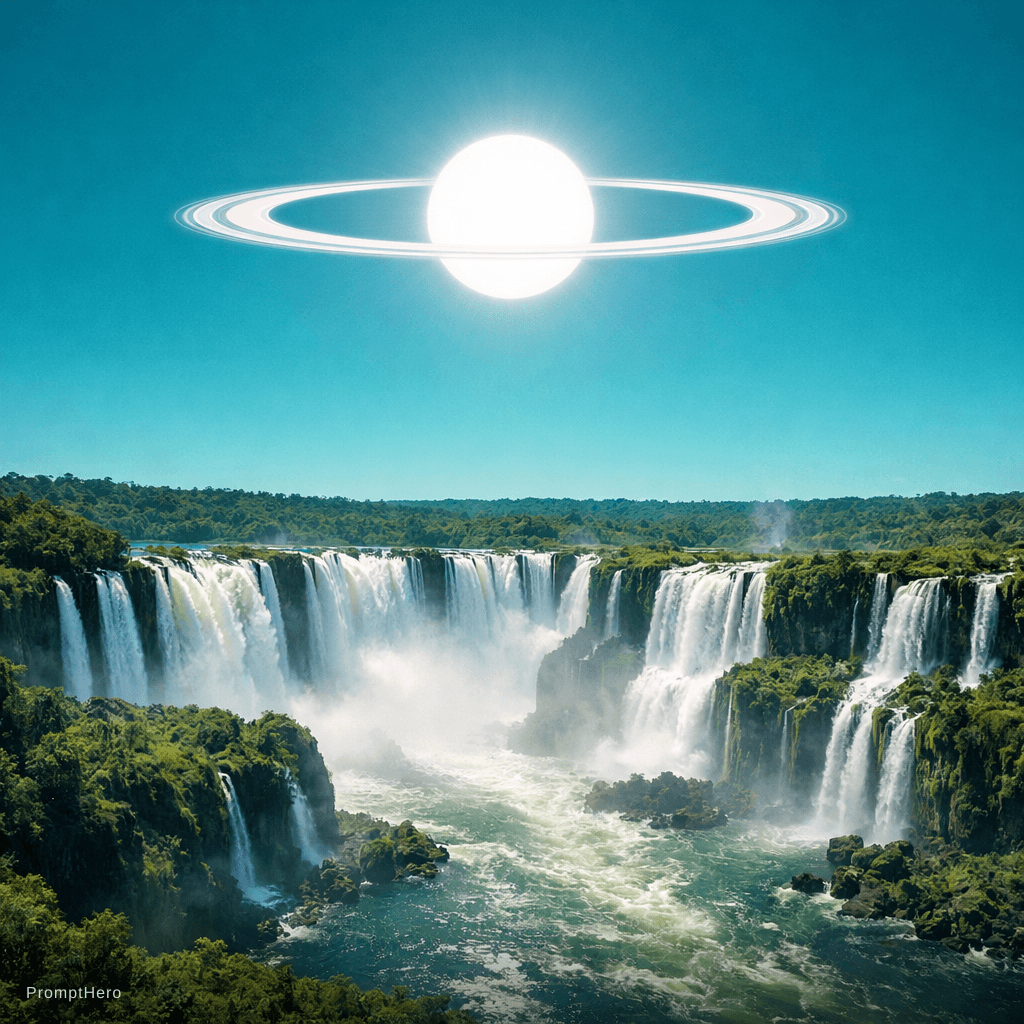 AI generated: a scenic landscape of a massive waterfall like Cataratas del Iguazú but the sky has a more teal colo...