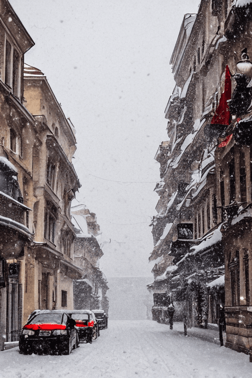 AI generated: Bucharest| street| old town| old city| winter| heavy snow| comprehensive cinematic| Atmosphere| Mast...