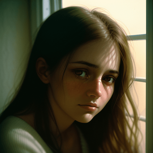 AI generated: Close-up portrait of a woman, her face lit by the soft glow from outside the window, her eyes reflec...