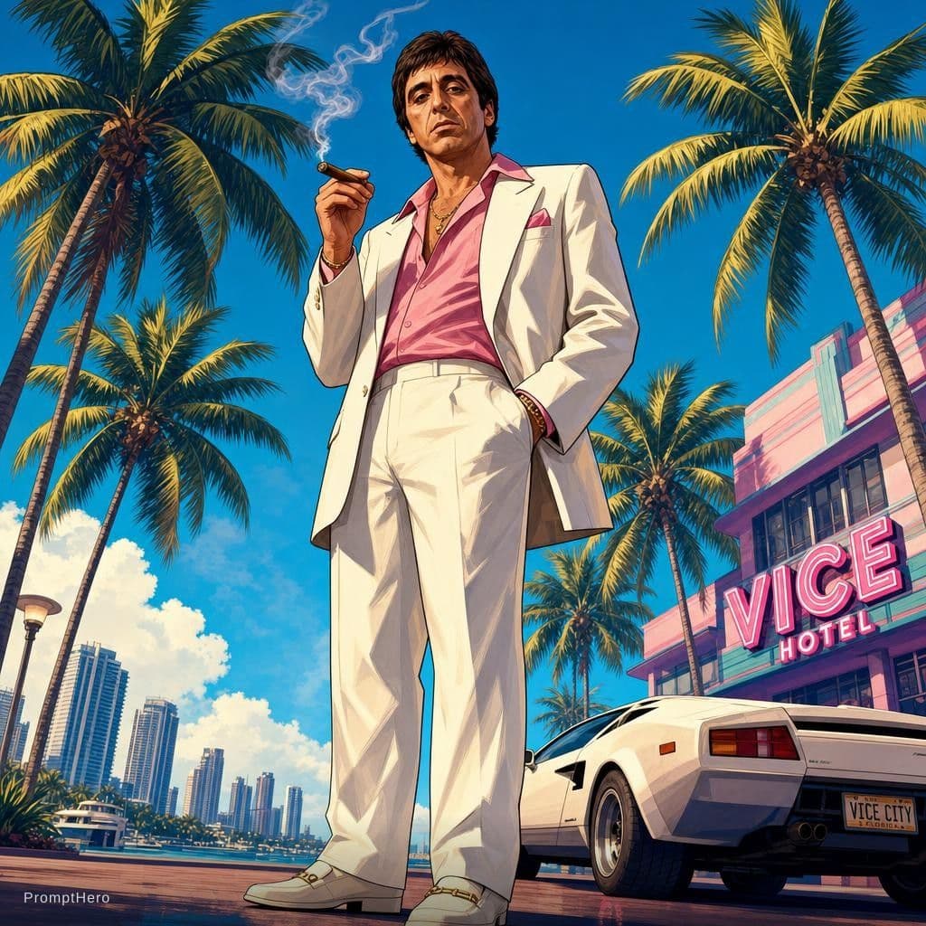 AI generated: Full-body illustration of Al Pacino in a stylized 1980s Miami setting. He's wearing a pink wide-coll...