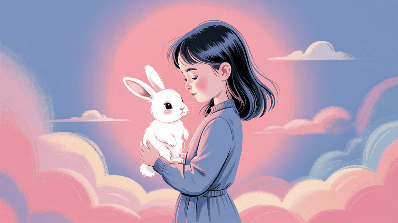 AI generated: dreamy minimal illustration of a girl holding a glowing white bunny, soft haze, diffused pastel ligh...