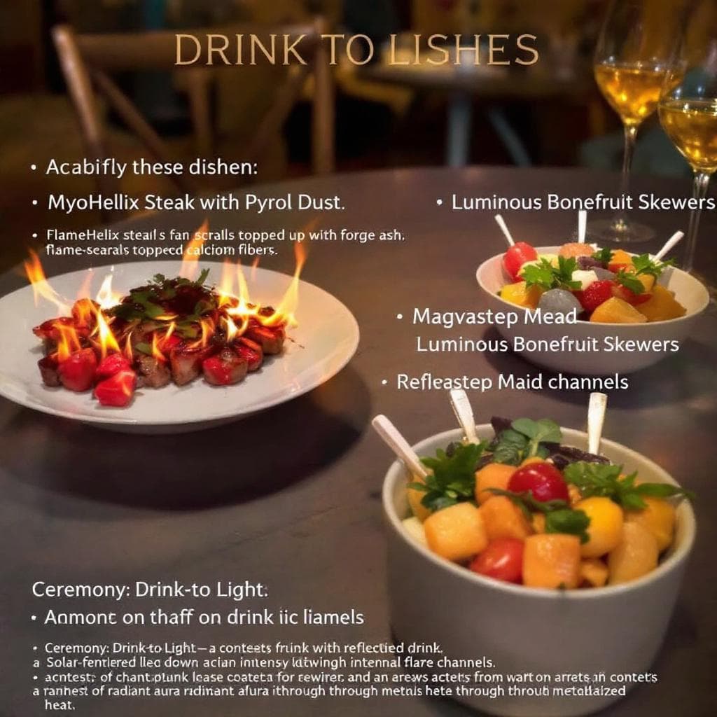 AI generated: Give a visual of these dishes. •	MyoHelix Steak with Pyrol Dust: Flame-seared spirals topped with fo...