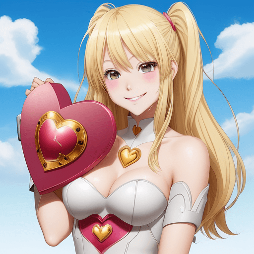 AI generated: A unique blond anime heart. girl. smiling. holding a heart shaped shield