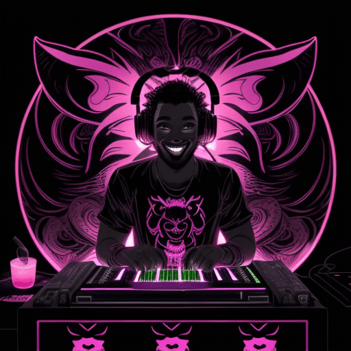 AI generated: a smiling dj in the style of night party illustrations, pink and black, backlight, high detail, mant...