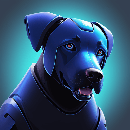 AI generated: A stylized robo-themed illustration of a Labrador dog head, seen directly from the front, in a blue ...
