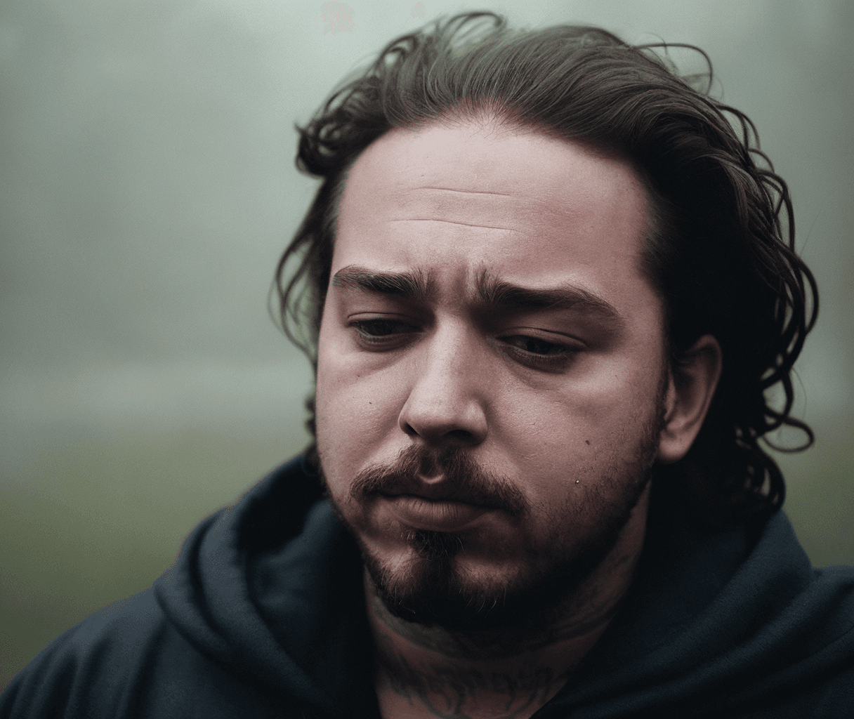 AI generated: closeup chest portrait emotional photo of Post Malone under the rain, emerging from strong mist, gra...