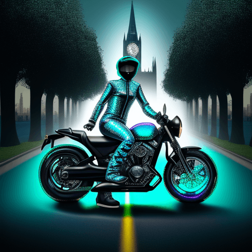 AI generated: Biker in Holographic style, featuring silver and teal holographic gothic buildings and trees