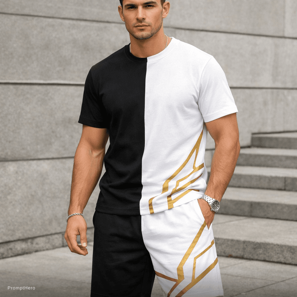 AI generated: black half tshirt and white half golden line design half shorts