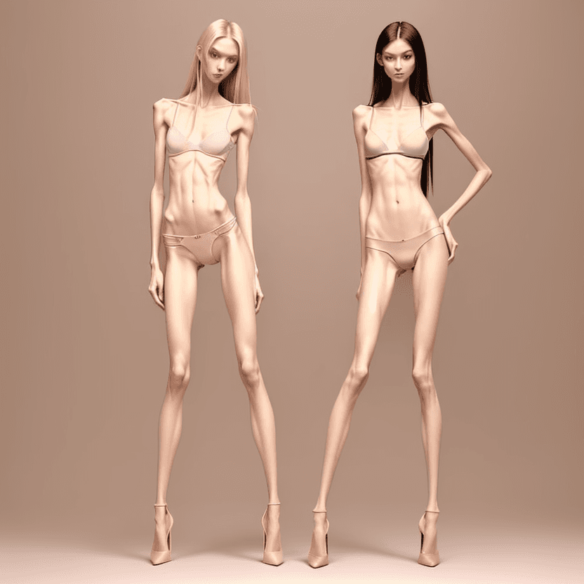 AI generated: photo of two an extremely skinny, flat-chested model with extreme long and skinny legs with extreme ...