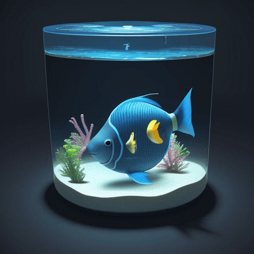 AI generated: 3D render of a cute blue tropical fish in an round aquarium on a dark blue background, digital art, ...