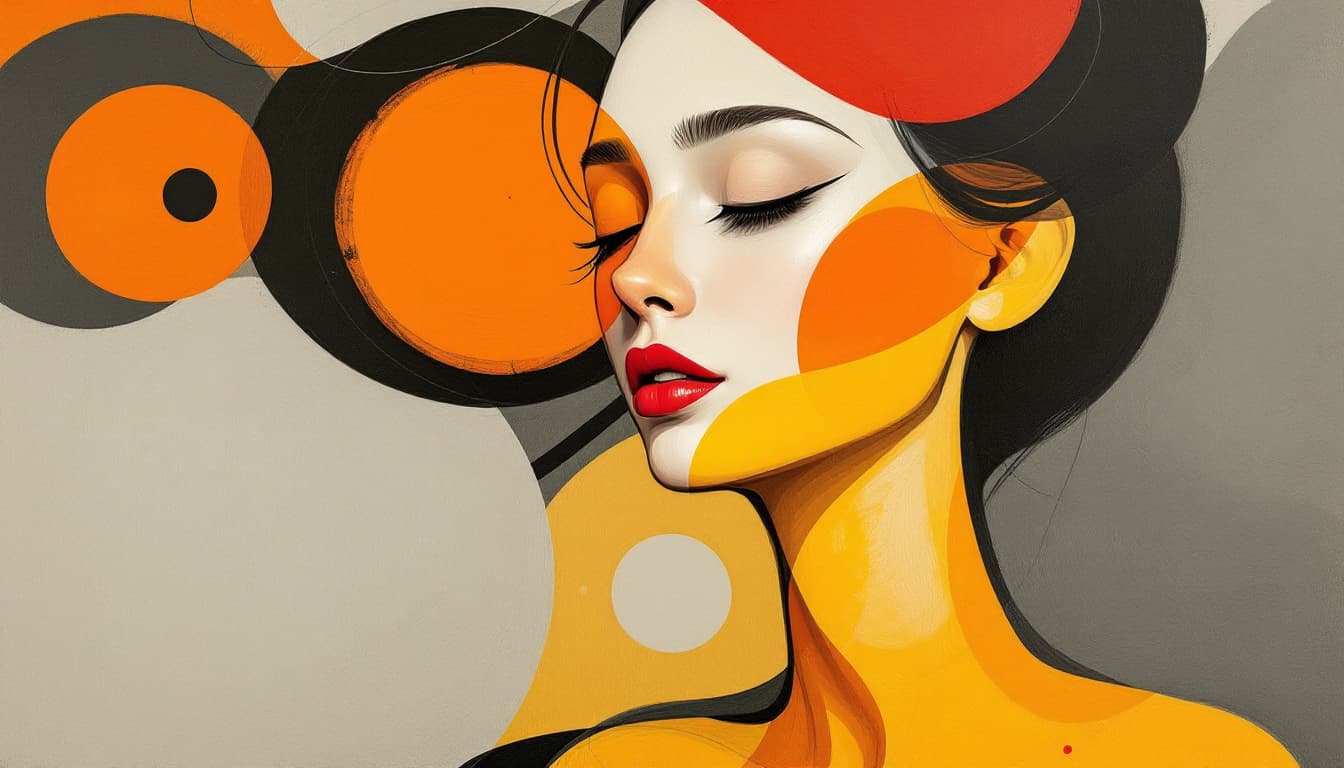 AI generated: a girl with closed eyes and her head a little up, abstract realism painting in orange and grey with ...