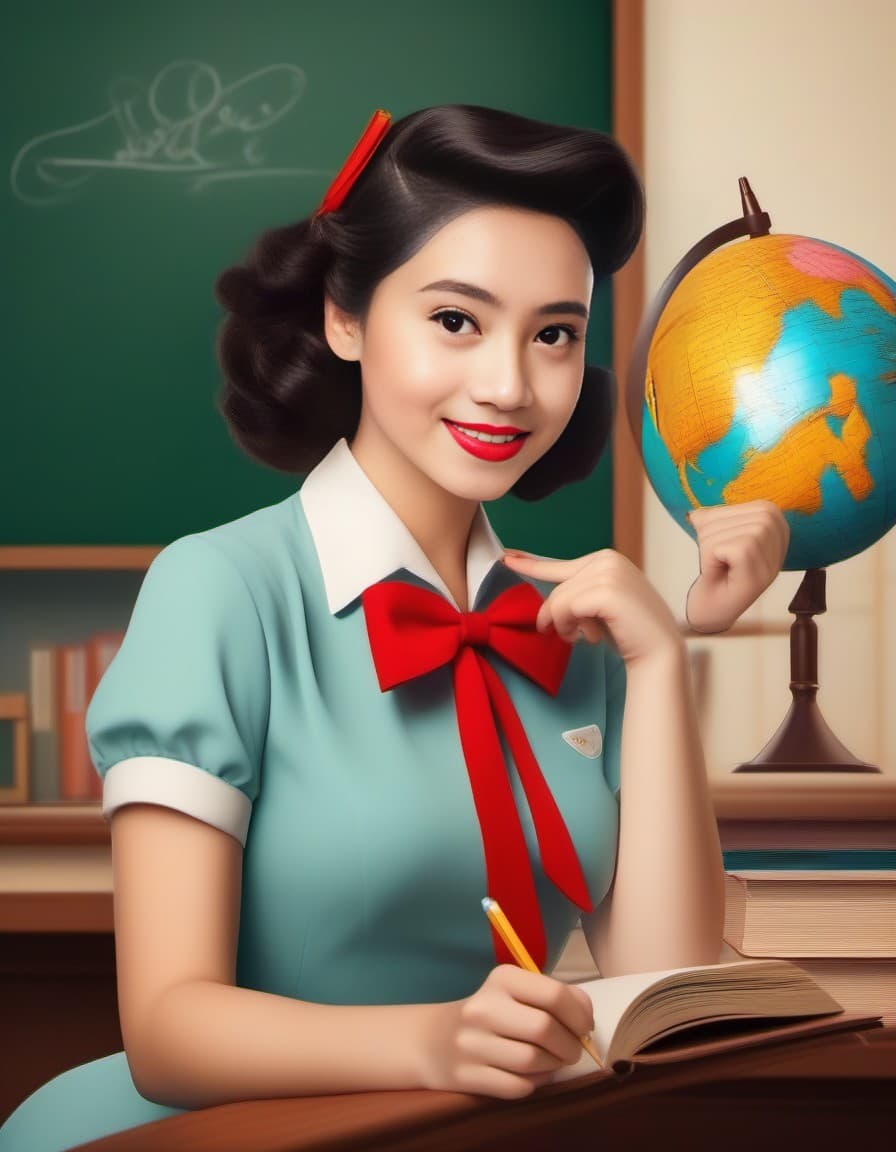 AI generated: Create an image of a brunette pin-up girl working as a school teacher. She should have the classic 1...