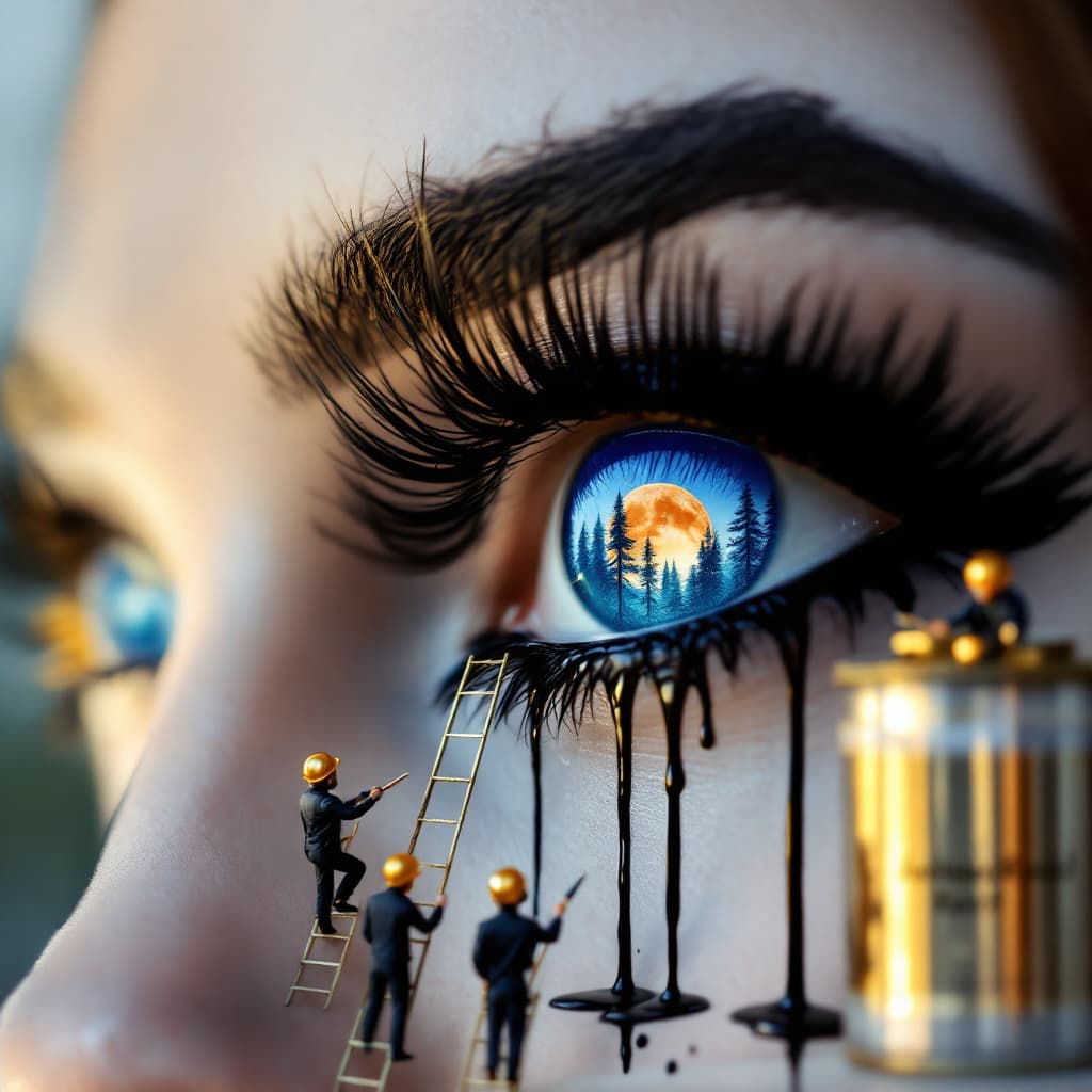 AI generated: A hyperrealistic close-up shot of a model woman's eye, with an ocean-blue iris reflecting a forest o...
